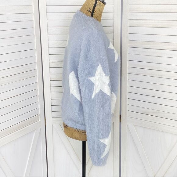 Cliche Stars Fuzzy Crop Pullover Sweater Blue White Medium - Picture 3 of 13
